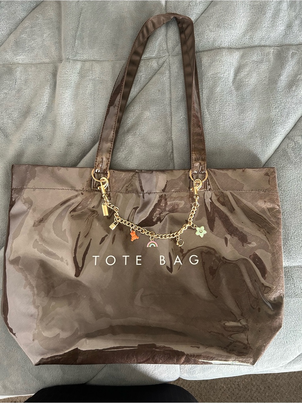 Brown Tote Bag with Gold Charm Chain